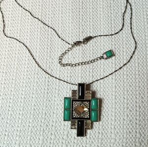 Lia Sophia Art Deco Style Necklace Black, Turquoise & Rhinestones 36" 3 1/2" ext